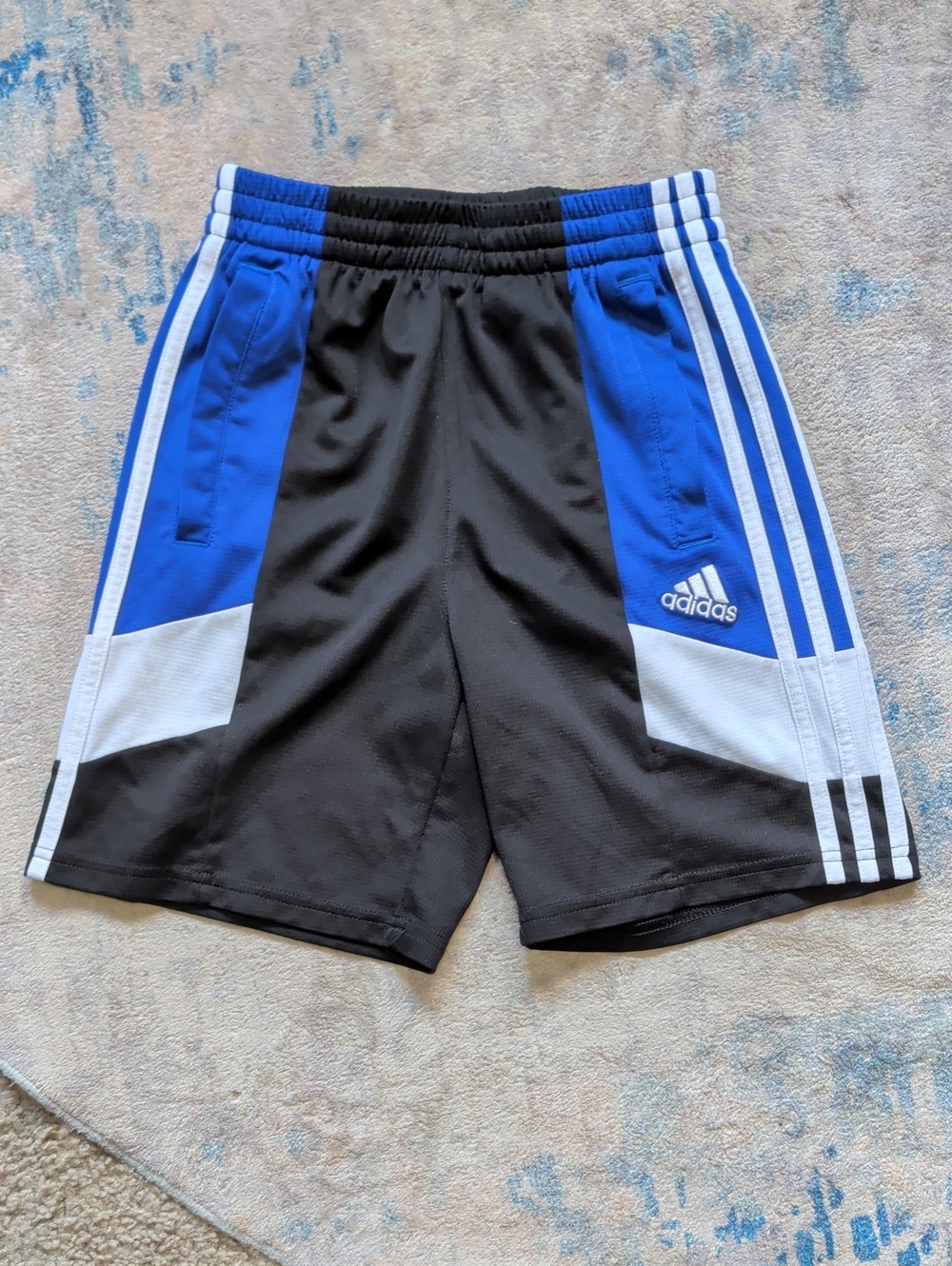 adidas Kids Black and Blue Athletic Shorts with White Trim Boys Large (10/12)
